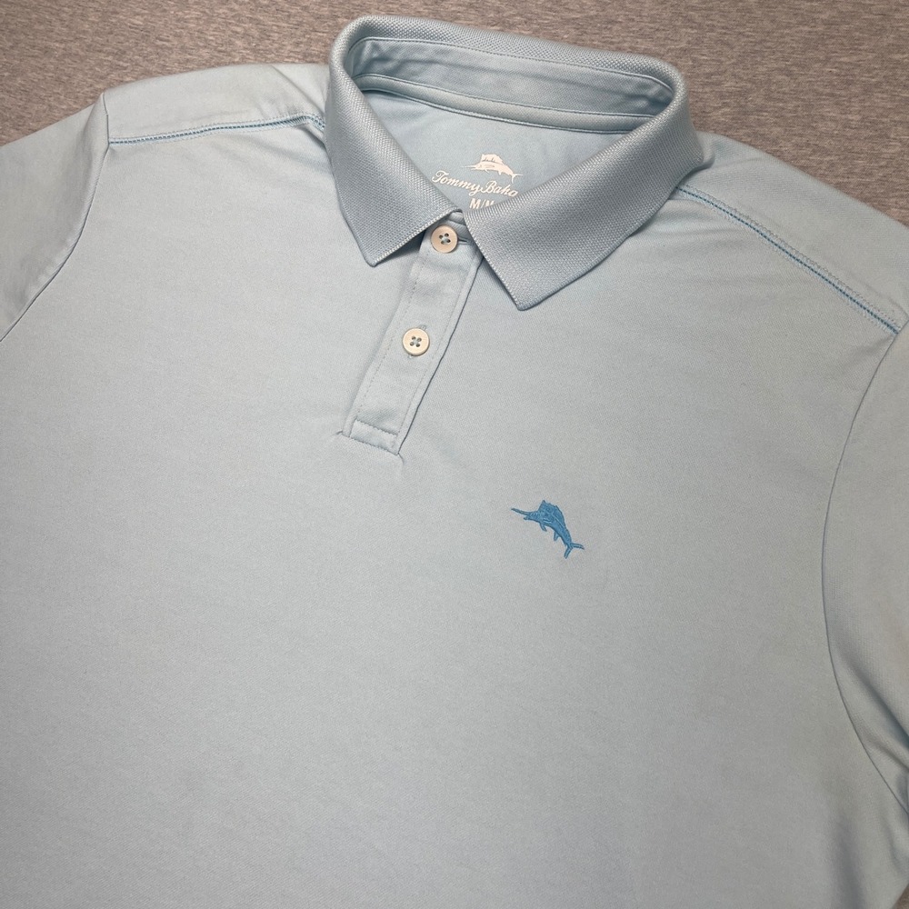 Tommy Bahama Polo Shirt Mens Medium Light Blue Supima Cotton Marlin Short Sleeve